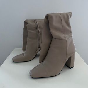 Oak + Fort. Knee high vegan leather boots. Tan, size 8